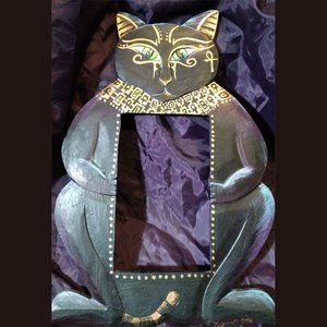 Custom OaK / Wood carved Egyptian CAT Hand Painted Frame / artist signed.